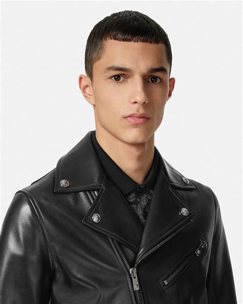 versace black leather biker jacket|Versace black denim jacket.